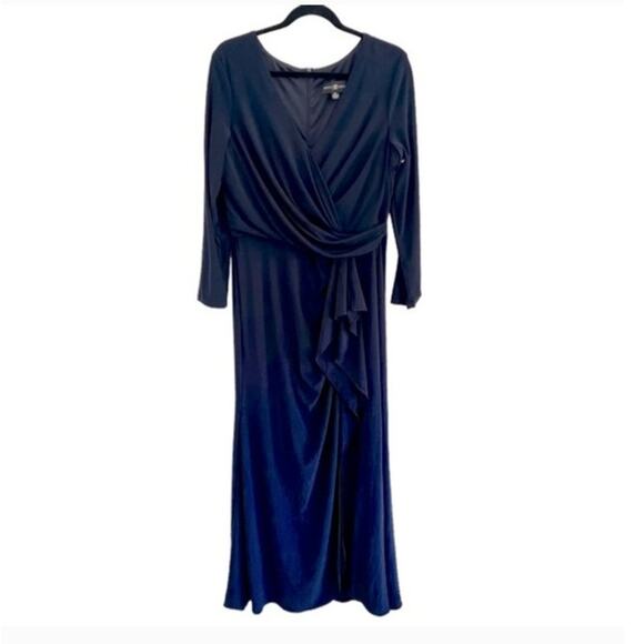 Betsy & Adam Navy blue cascading side ruffle long dress high slit  sz 12 - Picture 5 of 11